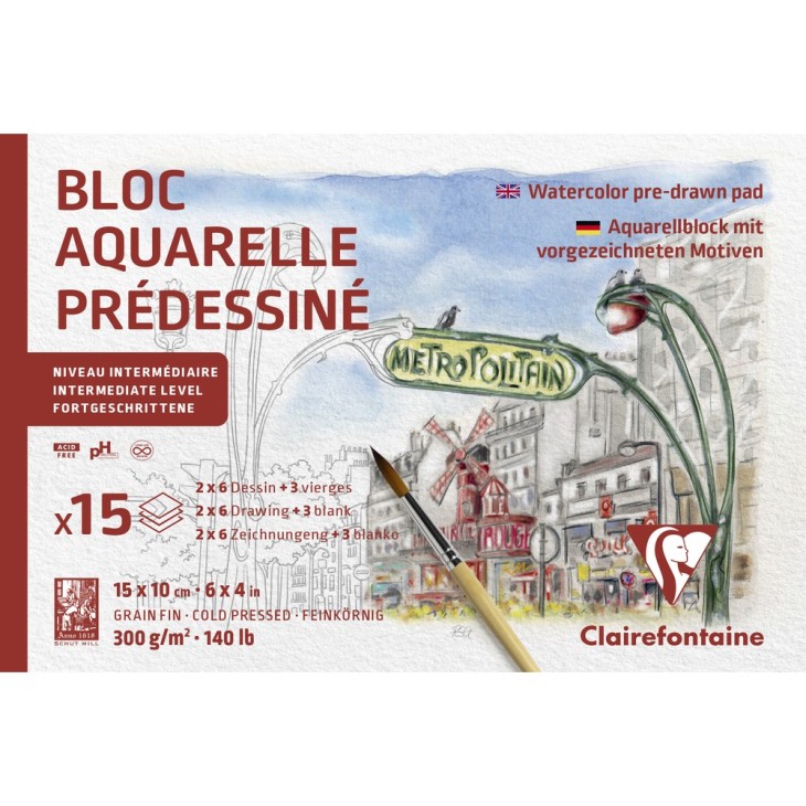 Bloc papier aquarelle Prédéssiné grain fin 300g