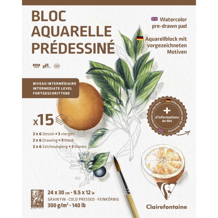 Bloc papier aquarelle Prédéssiné grain fin 300g