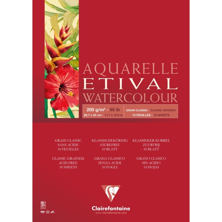 Bloc papier aquarelle encollé 1 côté Etival 200g