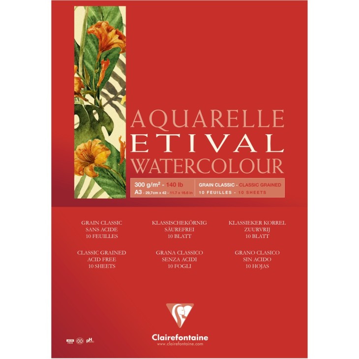 Bloc papier aquarelle encollé 1 côté Etival 300g