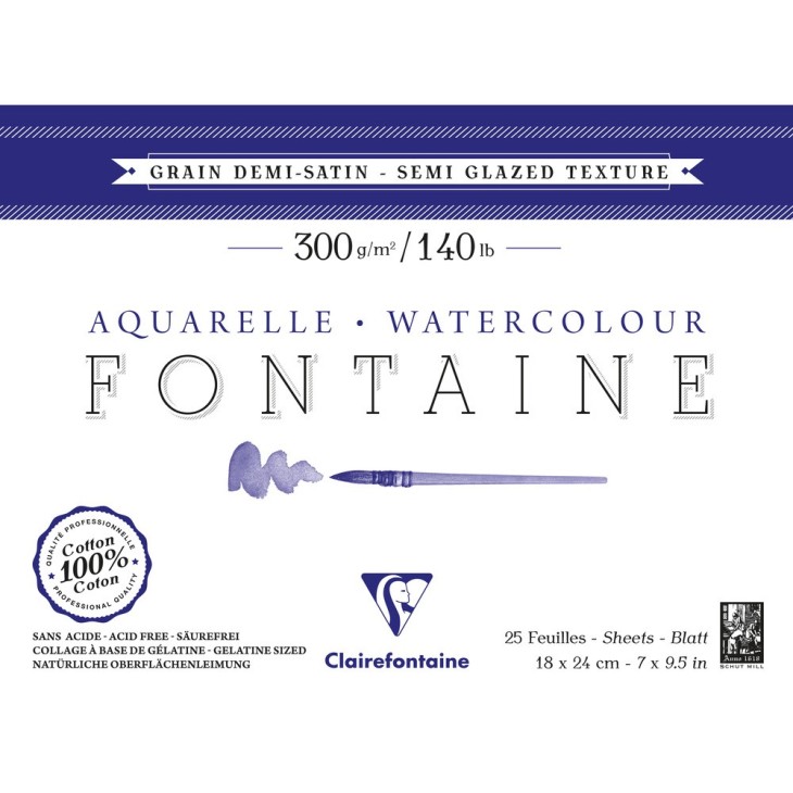 Bloc papier aquarelle encollé 4 côtés Fontaine 300g