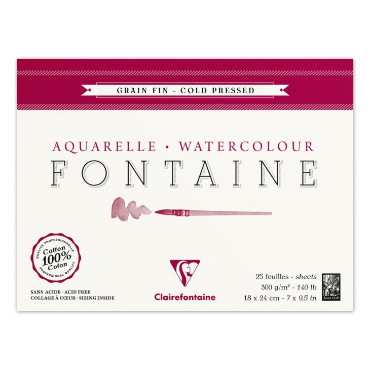 Bloc papier aquarelle encollé 4 côtés Fontaine 300g