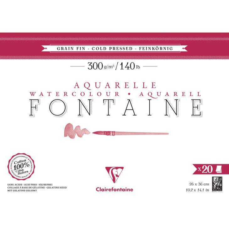 Bloc papier aquarelle encollé 4 côtés Fontaine 300g