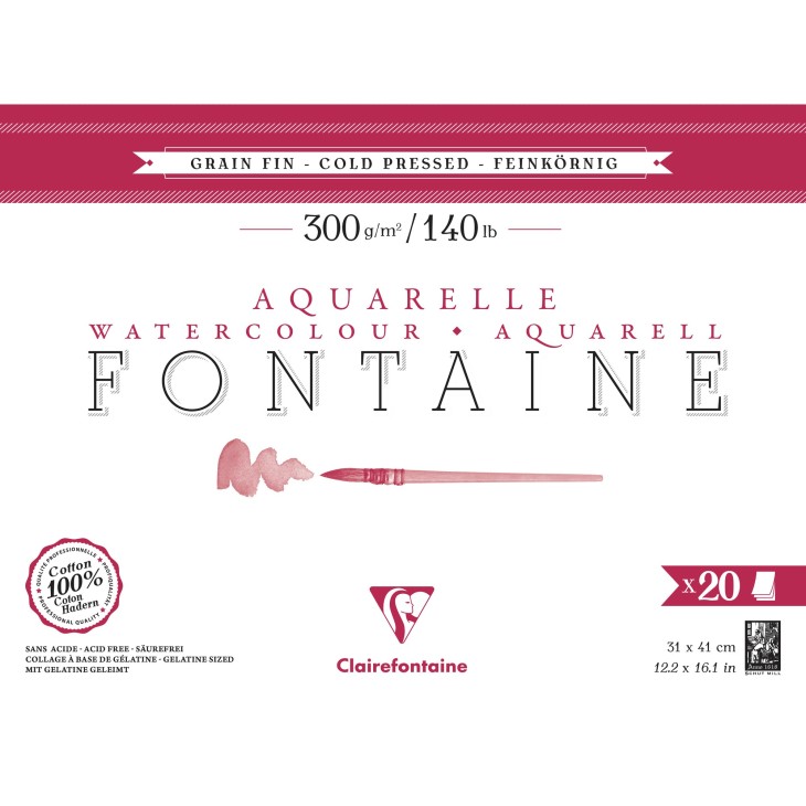 Bloc papier aquarelle encollé 4 côtés Fontaine 300g