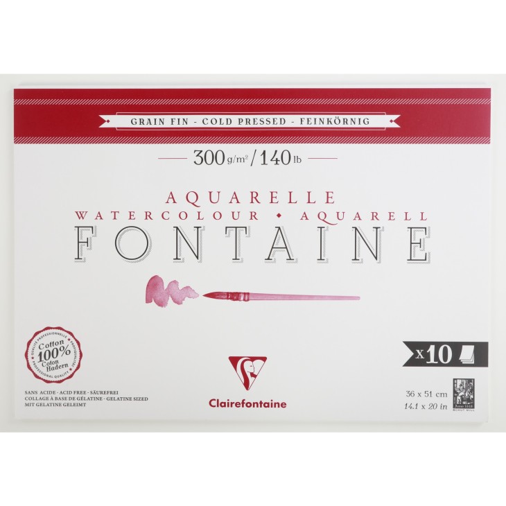 Bloc papier aquarelle encollé 1 côté Fontaine 300g