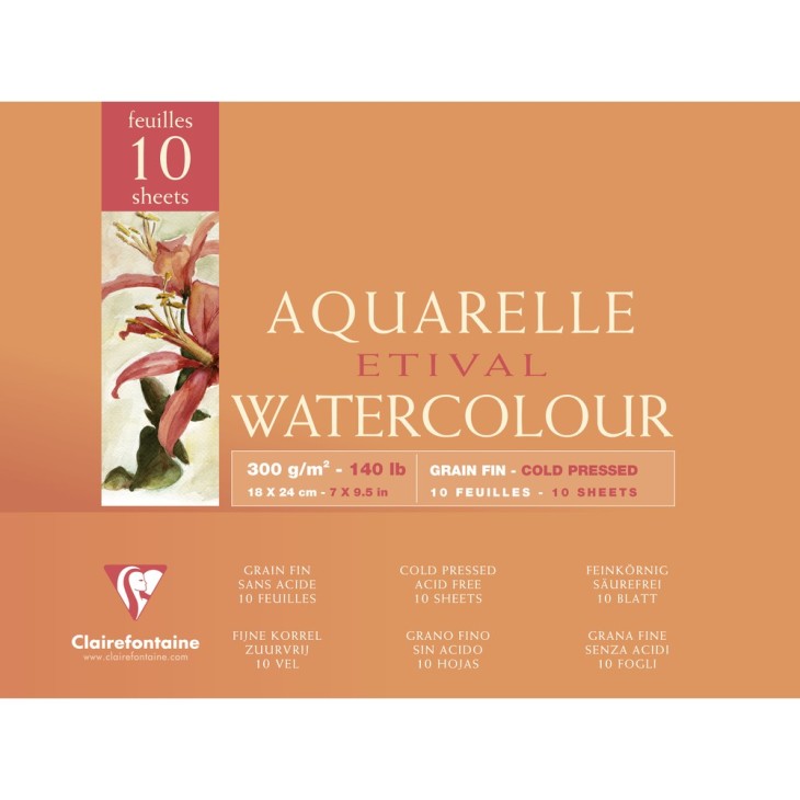 Bloc aquarelle encollé 4 côtés Etival 10 feuilles 300g