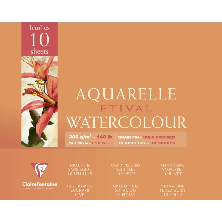 Bloc aquarelle encollé 4 côtés Etival 10 feuilles 300g