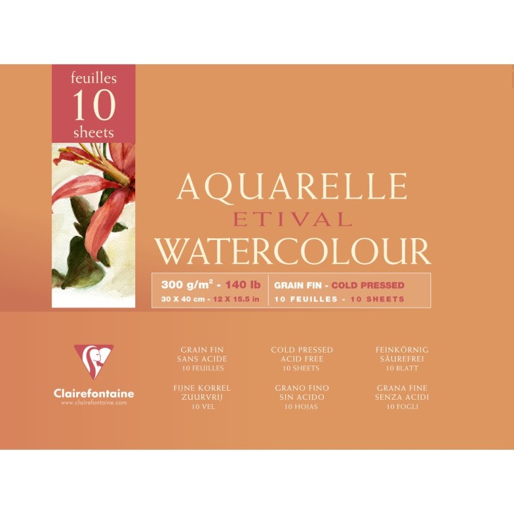 Bloc aquarelle encollé 4 côtés Etival 10 feuilles 300g