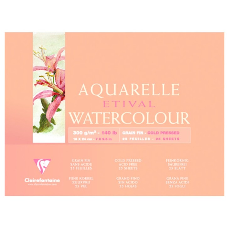 Bloc aquarelle encollé 4 côtés Etival 25 feuilles 300g