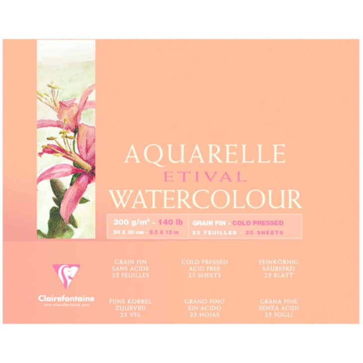 Bloc aquarelle encollé 4 côtés Etival 25 feuilles 300g