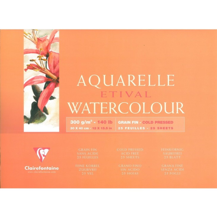 Bloc aquarelle encollé 4 côtés Etival 25 feuilles 300g