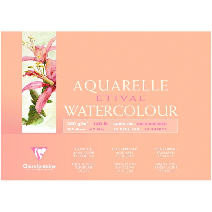 Bloc aquarelle encollé 4 côtés Etival 25 feuilles 300g