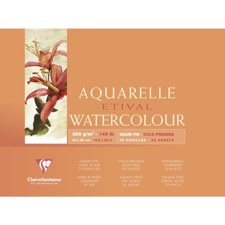 Bloc aquarelle encollé 4 côtés Etival 25 feuilles 300g