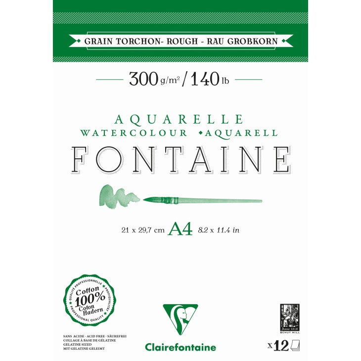 Bloc papier encollé aquarelle 2 côtés Fontaine 300g