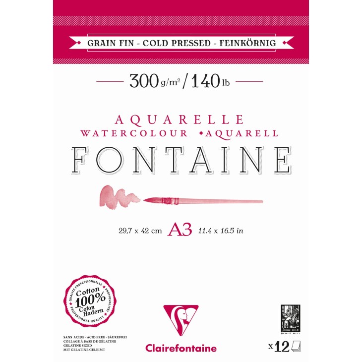 Bloc papier encollé aquarelle 2 côtés Fontaine 300g