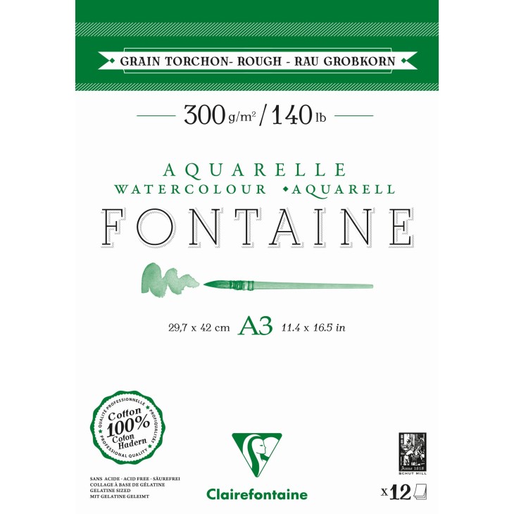 Bloc papier encollé aquarelle 2 côtés Fontaine 300g