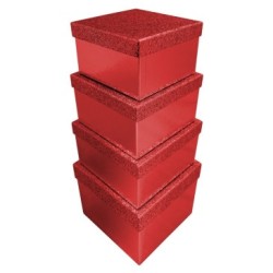 Set 4 boites carrées paillettées. Format: 16 x 16 x 9,6 cm - 18 x 18 x 10,8 cm - 20 x 20 x 12 cm - 22 x 22 x 13,2 cm - Rouge