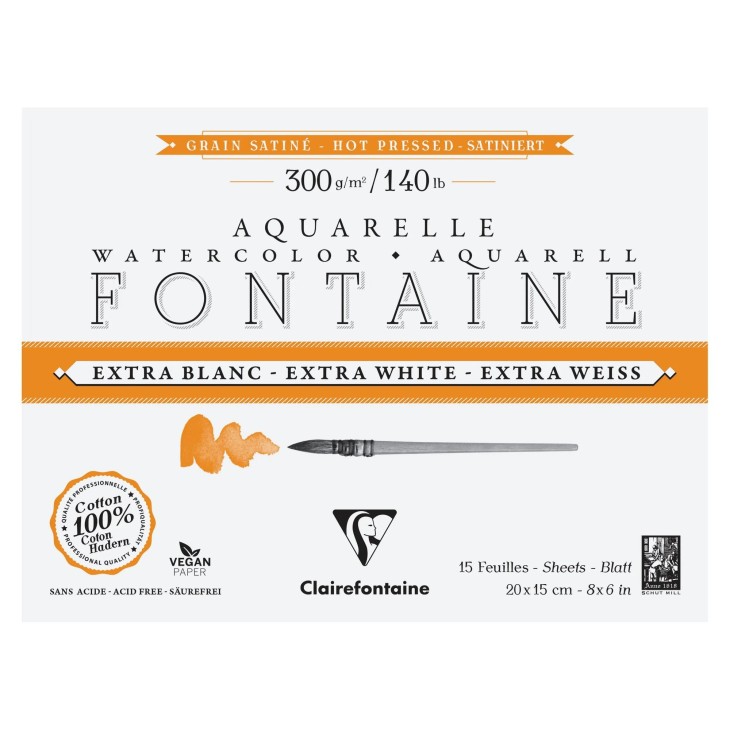 Bloc papier aquarelle encollé 4 côtés Fontaine Extra Blanc 300g