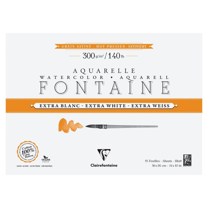 Bloc papier aquarelle encollé 4 côtés Fontaine Extra Blanc 300g