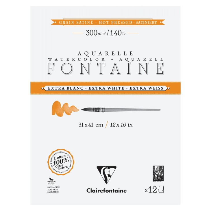 Bloc papier aquarelle encollé 4 côtés Fontaine Extra Blanc 300g