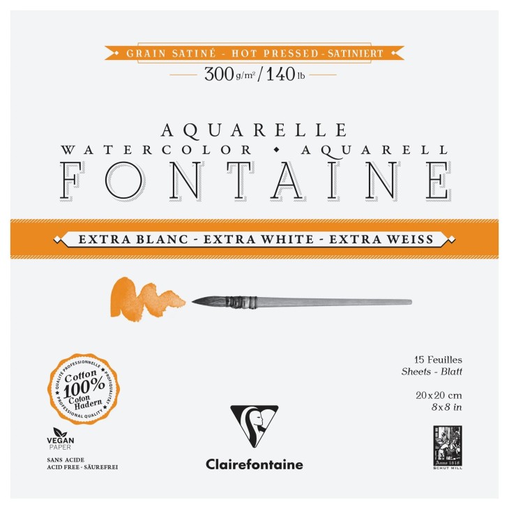 Bloc papier aquarelle encollé 4 côtés Fontaine Extra Blanc 300g