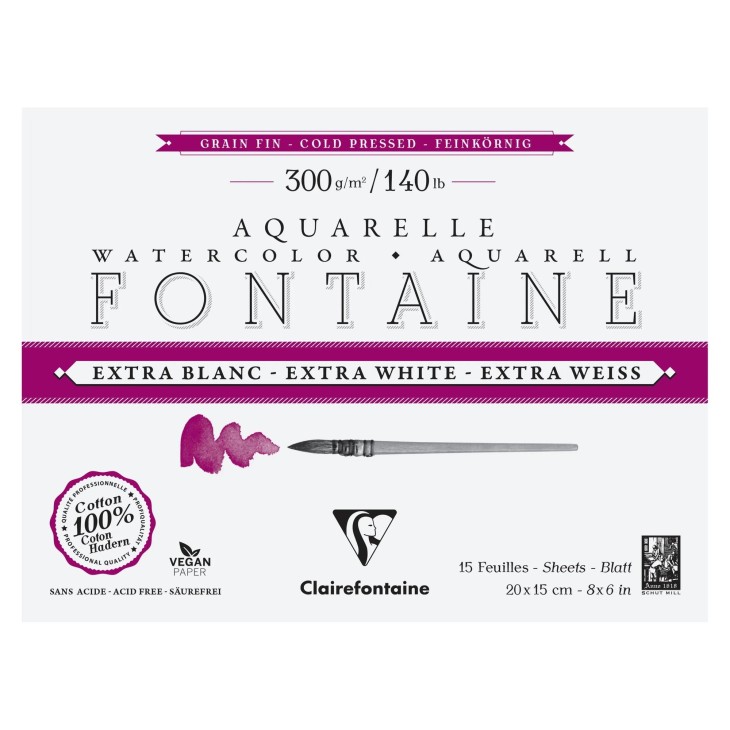 Bloc papier aquarelle encollé 4 côtés Fontaine Extra Blanc 300g