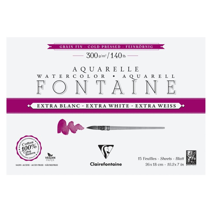 Bloc papier aquarelle encollé 4 côtés Fontaine Extra Blanc 300g