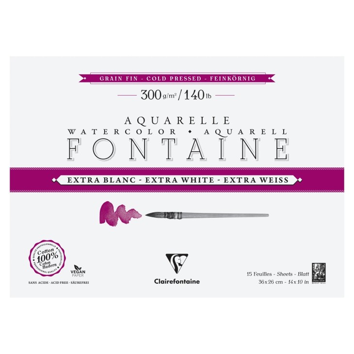 Bloc papier aquarelle encollé 4 côtés Fontaine Extra Blanc 300g