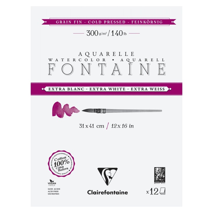 Bloc papier aquarelle encollé 4 côtés Fontaine Extra Blanc 300g