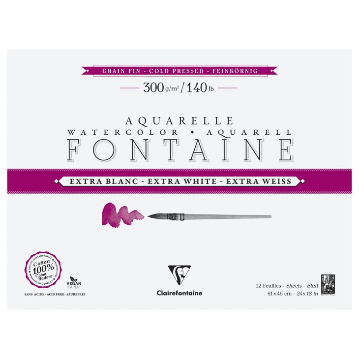 Bloc papier aquarelle encollé 4 côtés Fontaine Extra Blanc 300g