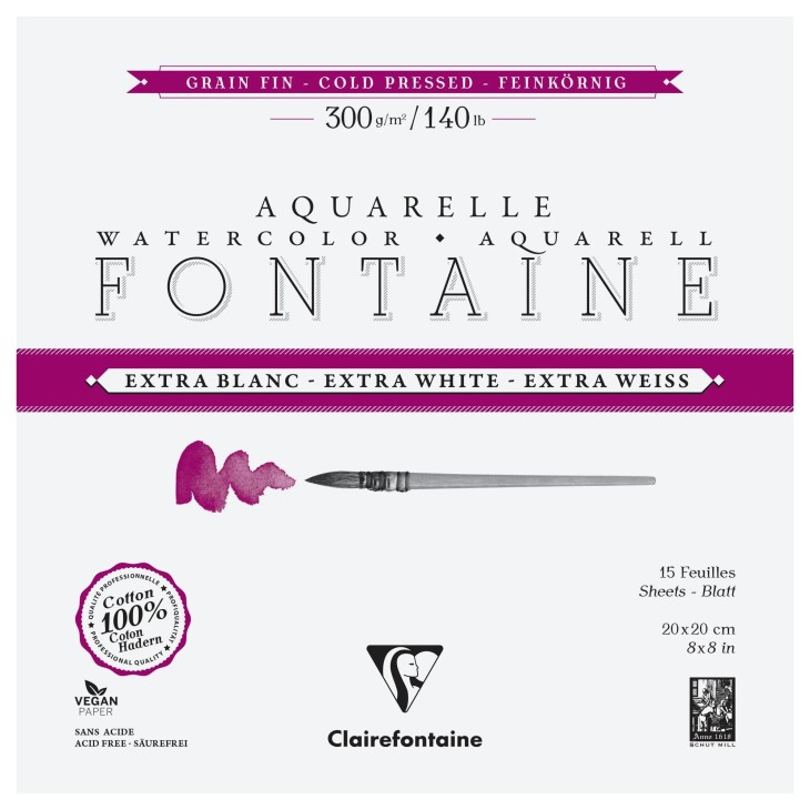 Bloc papier aquarelle encollé 4 côtés Fontaine Extra Blanc 300g