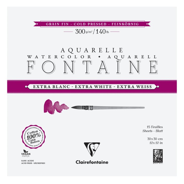 Bloc papier aquarelle encollé 4 côtés Fontaine Extra Blanc 300g