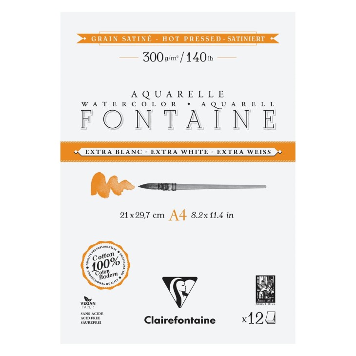 Bloc papier aquarelle encollé 2 côtés Fontaine Extra Blanc 300g