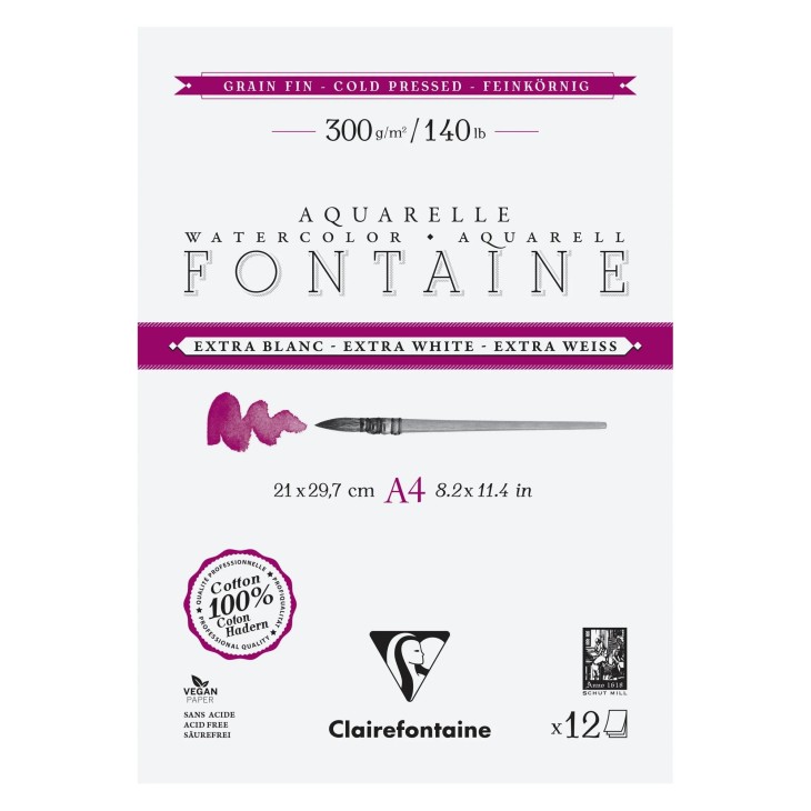 Bloc papier aquarelle encollé 2 côtés Fontaine Extra Blanc 300g