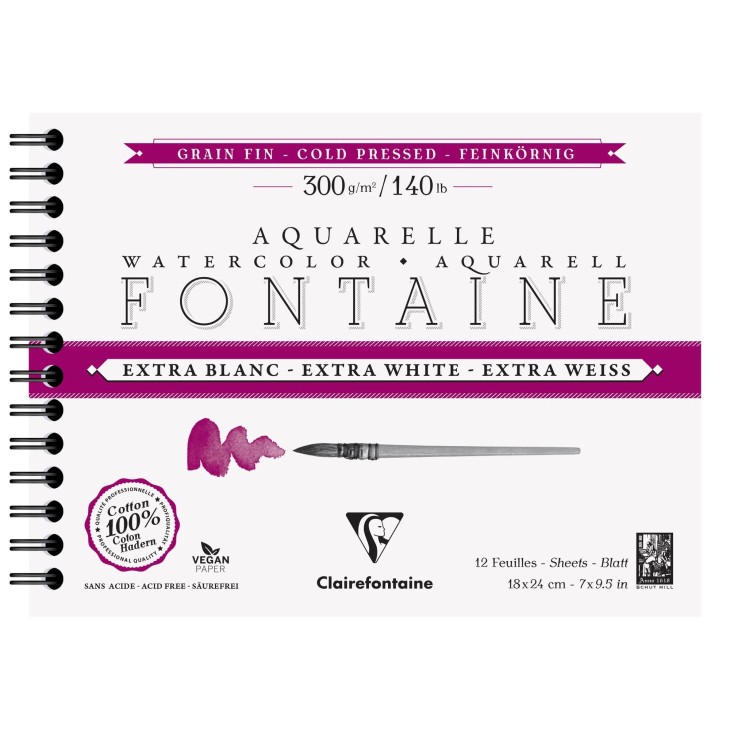 Album papier aquarelle spiralé Fontaine Extra Blanc 300g