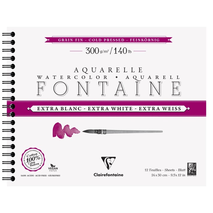 Album papier aquarelle spiralé Fontaine Extra Blanc 300g