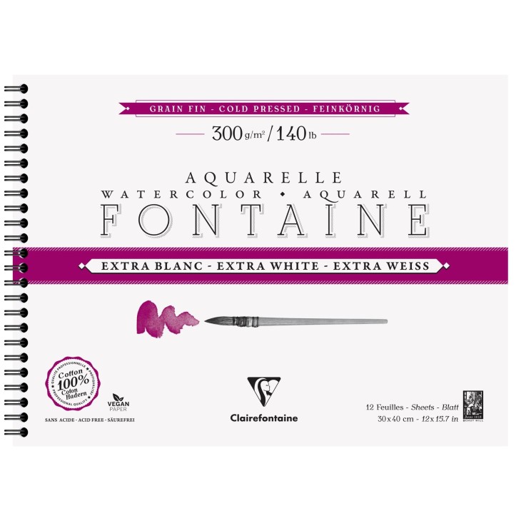 Album papier aquarelle spiralé Fontaine Extra Blanc 300g