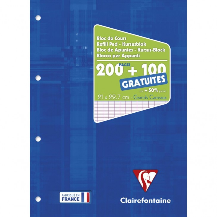 Clairefontaine Bloc de cours A4 21x29,7 cm grands carreaux, 200 pages