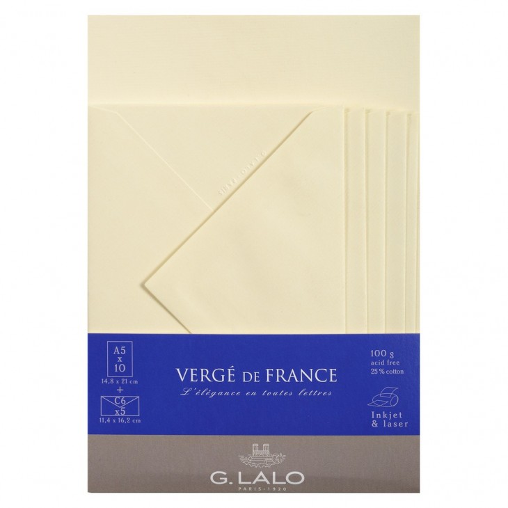 10 feuilles A5 et 5 enveloppes C6 - Vélin pur coton - G. Lalo