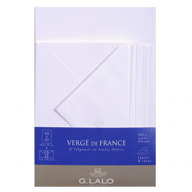 Ensemble Vergé de France 10 feuilles A5 et 5 enveloppes C6. - Clair