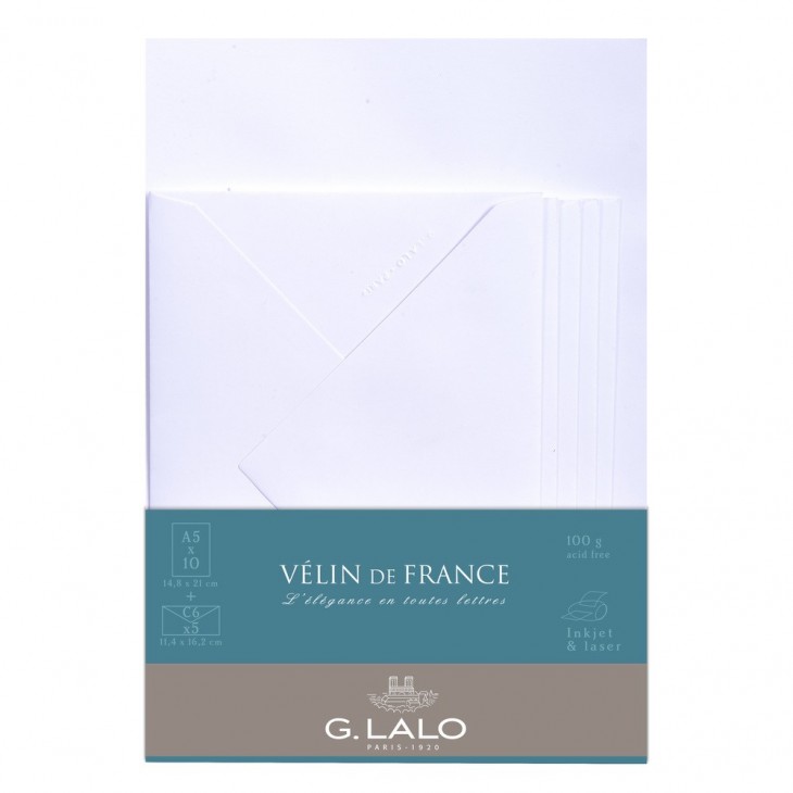 Ensemble Vélin de France 10 feuilles A5 et 5 enveloppes C6. - Clair