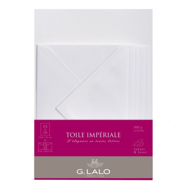 Ensemble Toile Impériale 10 feuilles A5 et 5 enveloppes C6. - Clair