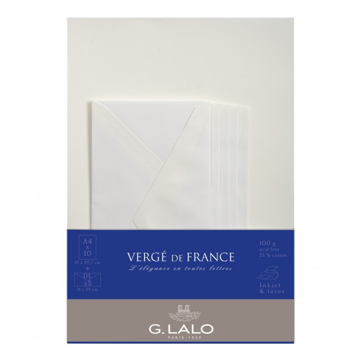 Ensemble Vergé de France 10 feuilles A4 et 5 enveloppes DL. - Clair